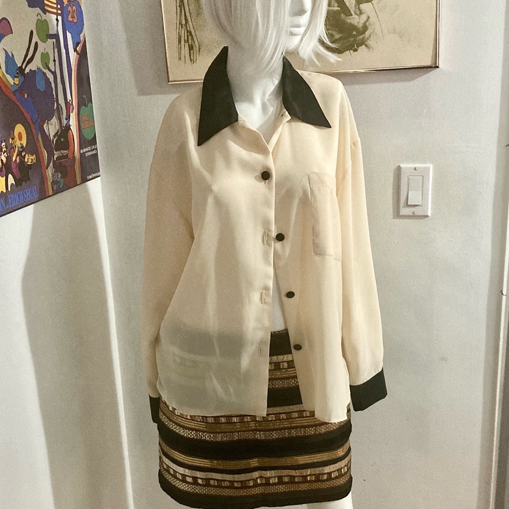 Vintage Burton Button Down Blouse - Chic Nude and Black - Made in UK
